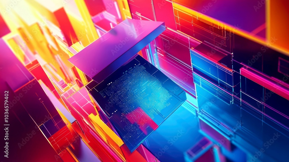 Poster abstract composition of colorful geometric shapes with a circuit board in the center.