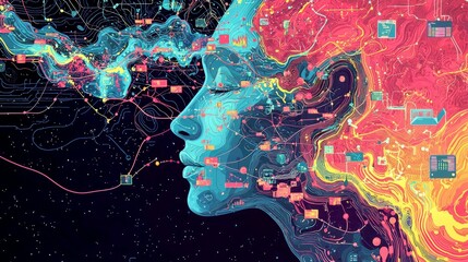 Abstract digital art of a woman's face with colorful flowing lines and data.