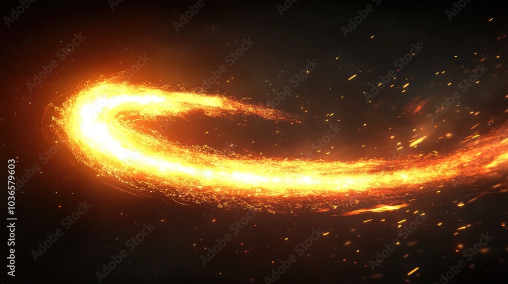 Poster 3d cartoon illustration of a flying fire comet light in a circular motion shimmering lights accompan