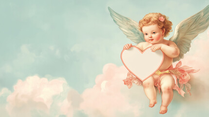 Cherub holding heart-shaped sign in soft pastel cloudscape