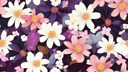 Beautiful floral raster pattern featuring white pink and purple flowers Flat floral design elements creating a seamless background with a spring theme