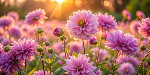 Obraz premium A vibrant field of pink flowers bathed in the warm glow of the setting sun, with delicate petals unfurling towards the light.