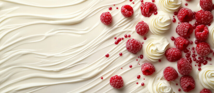 Fresh cream dessert spread background raspberries swirl texture baking banner empty copy space cooking class recipe sweets pastry decoration gourmet food styling bakery concept mockup kitchen flatlay