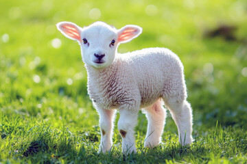 Obraz premium Adorable lamb frolicking in lush green pasture under bright sunlight during springtime
