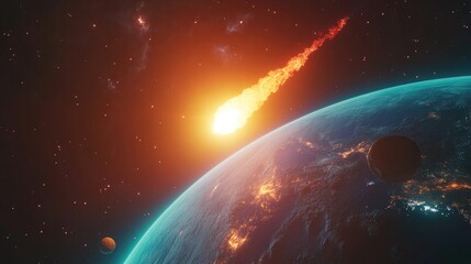 Obraz premium 3D cartoon illustration depicting a glowing asteroid and a comet s tail approaching planet Earth posing a threat to its safety