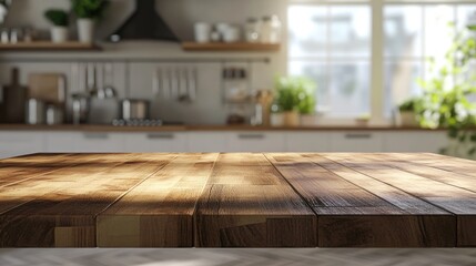 3D rendering of a beautiful empty brown wooden tabletop with a blurred modern kitchen interior in the background featuring daylight flare for product showcase
