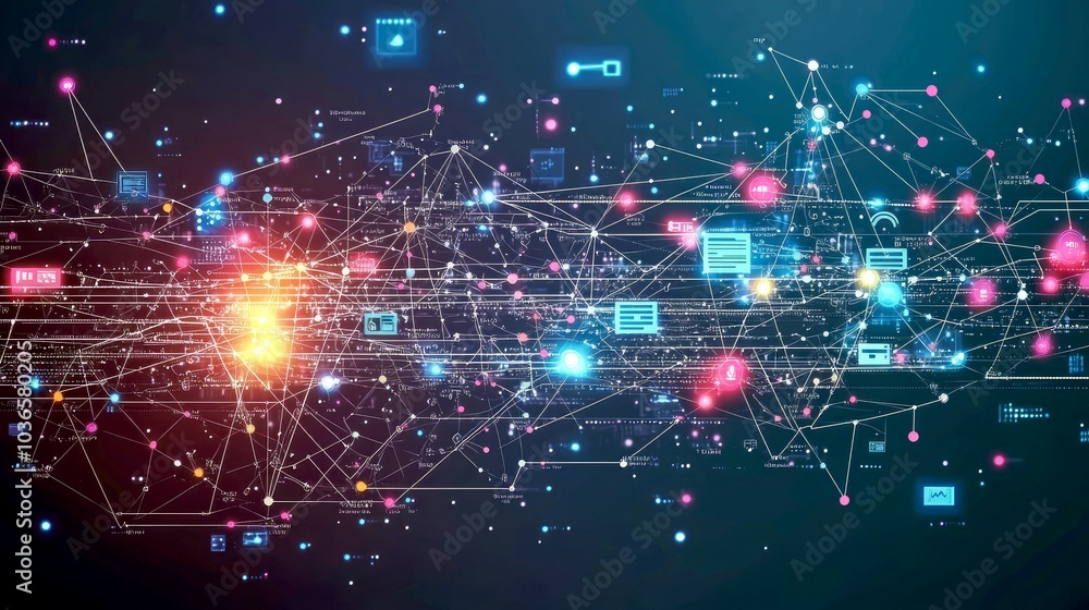 Poster abstract digital network with glowing lines and icons.