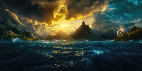 Fototapeta premium The southern sea features stunning mountains and a breathtaking sky, showcasing natural beauty, Southern sea landscape with majestic mountains and a beautiful sky