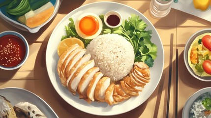 Hainanese Chicken Rice Top View Artistic Illustration