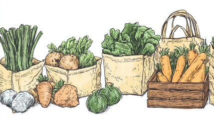 Organic produce presented in reusable paper packages textile bags baskets and wooden boxes Eco friendly shopping visual Illustrative contour and line art design Ecology theme