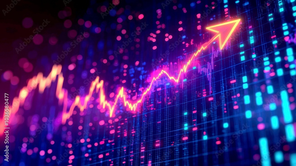 Poster abstract glowing arrow pointing up on a financial chart with glowing neon lines and dots.