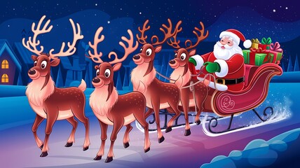 Fototapeta premium Santa Claus Riding in a Sleigh Pulled by Reindeer on a Snowy Night