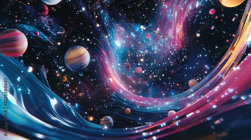 Poster abstract background with 3d cartoon rendering of shiny space futuristic shapes and wave patterns an 