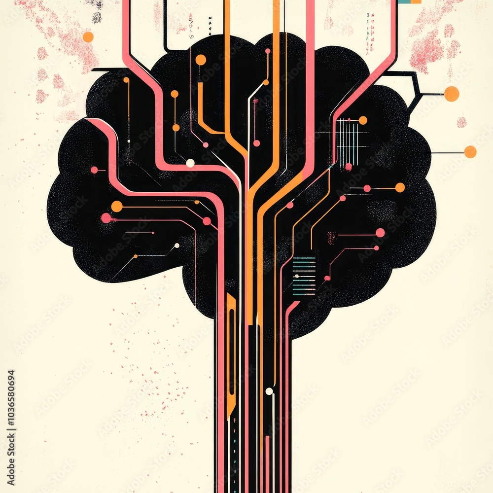 Poster abstract illustration of a brain with colorful circuit board pathways.