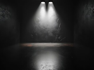 Dark empty room with dramatic lighting, perfect for artistic or theatrical backdrops.