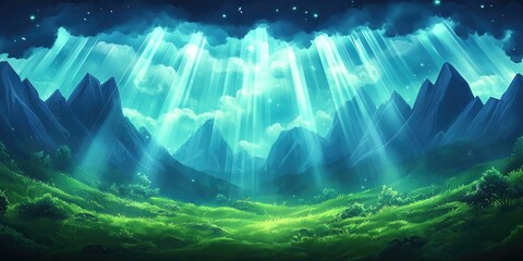 Sunlight filtering through clouds over mountains with mist covering the hills, Sunlight streaming through clouds over misty mountains