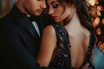 Fashion shot of sexual passionate couple in elegant evening dresses. Luxurious and glamour interior background  © Martinesku