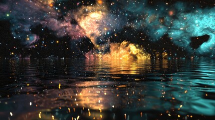 Cartoon rendering in 3D of a universe with stars and galaxies reflected in water