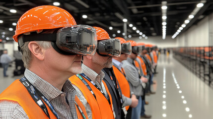 Workers in safety gear using VR headsets in large facility
