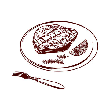 grilled steak plate with lemon and fork clip art preview