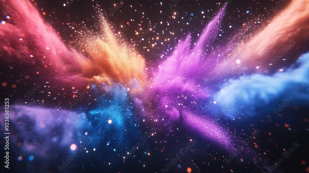 Poster abstract powder splatted background in a 3d cartoon rendering featuring the freeze motion of explodi