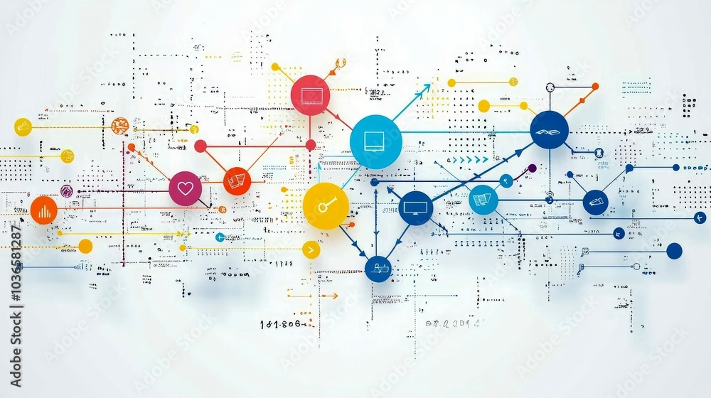 Poster abstract network connection diagram with colorful nodes.