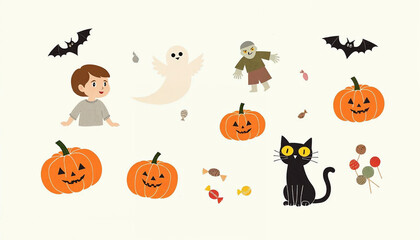 A hand drawn collection of Halloween graphic elements including carved pumpkins with different expressions, playful ghosts floating, a zombie with tattered clothes, an owl with large yellow eyes, a sl