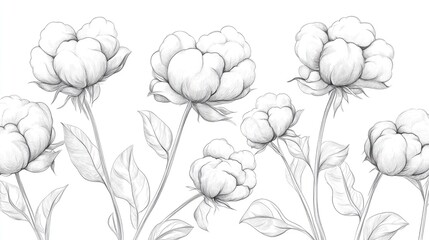 Hand drawn illustration of cotton flowers in line art style Isolated cotton balls on white background Floral black and white depiction of cotton plants with fine line details