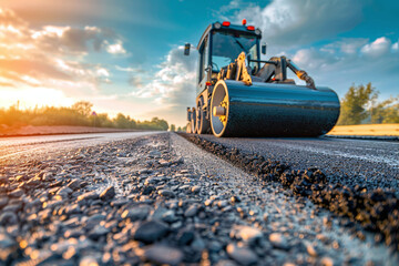Construction site is laying new asphalt pavement, road construction workers and road construction machinery scene. Highway construction site scene. Asphalt road roller with heavy vibration roller.