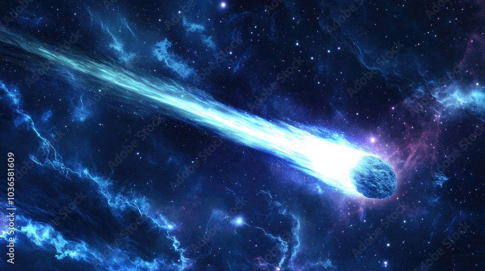 Poster 3d cartoon depiction of a comet with a long bright tail in outer space observation of astronomical o