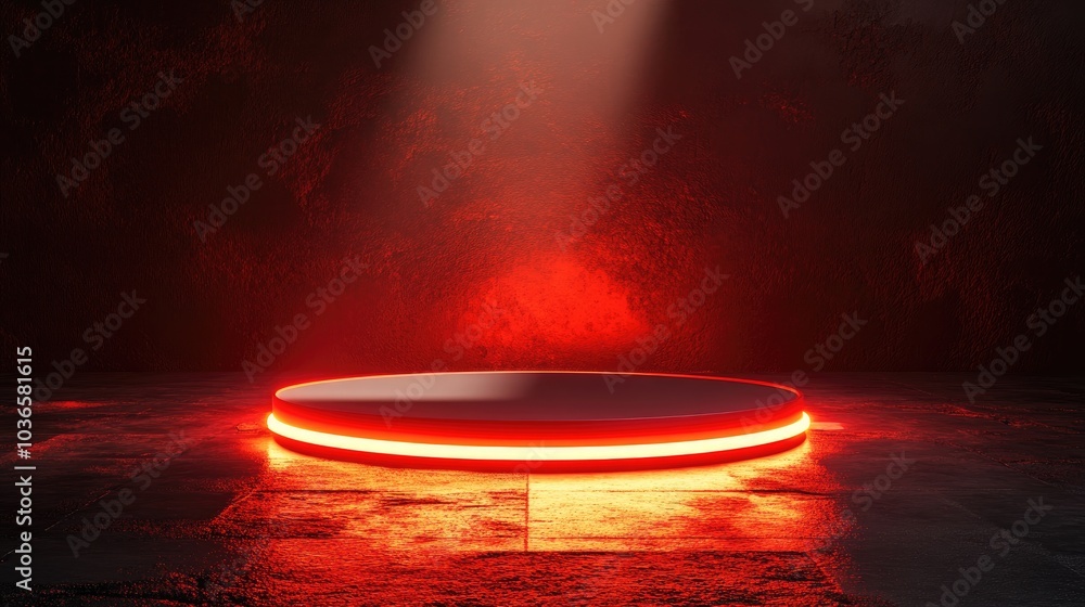 Poster red neon light product background featuring a podium on a textured street floor with a glowing spotl