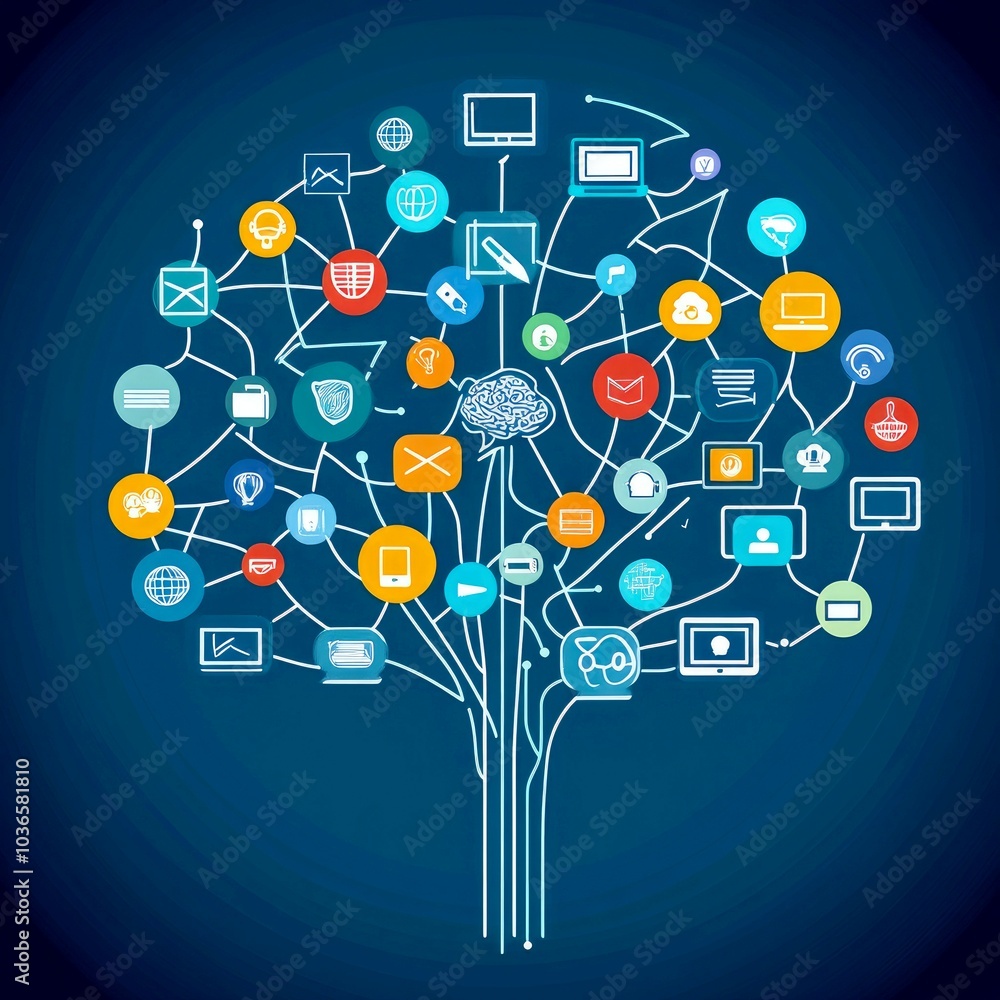 Poster abstract tree with interconnected icons representing digital technology and a cloud brain at the cen