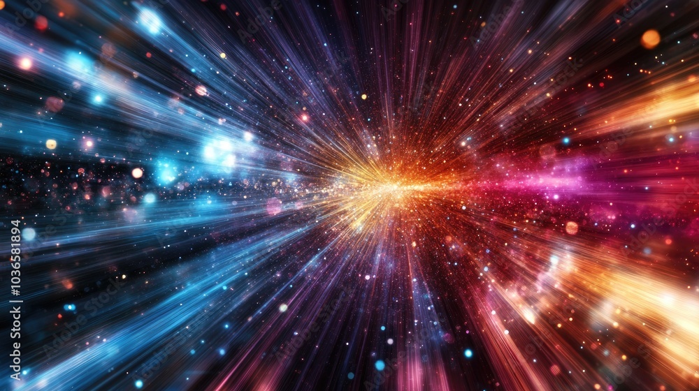 Poster abstract design showcasing particle trails and light elements in a three dimensional space emphasizi