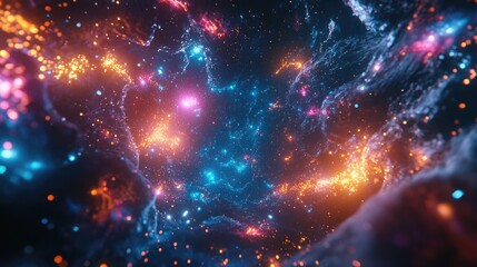 Obraz premium 3D rendering of a cartoon scene featuring a stunning background filled with luminous particles in deep space and vibrant electric flashes