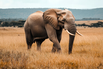 Fototapeta premium An African elephant walking gracefully across the golden savannah at midday
