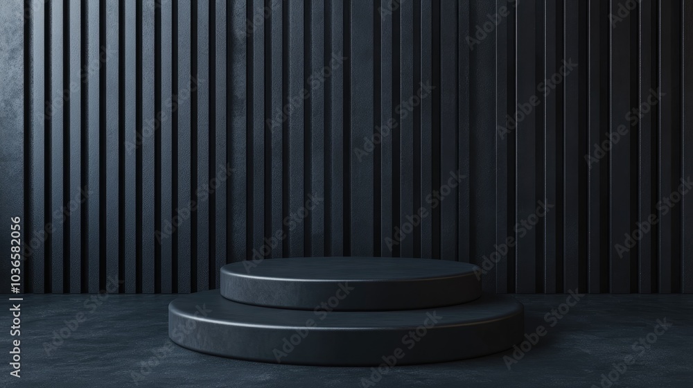 Poster black triple podium on a dark background minimalist empty backdrop for showcasing products 3d render