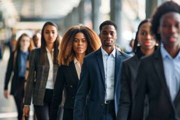 Obraz premium Diverse Group of Professionals Walking in Urban Setting, Showcasing Modern Business Attire and Confidence in a Vibrant City Environment
