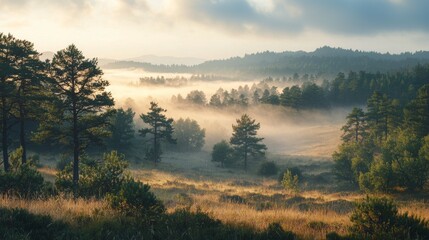 Obraz premium This scenic image captures the beauty of nature with its golden light, rolling fog, and towering pine trees, perfect for projects related to travel, tranquility, and the outdoors.