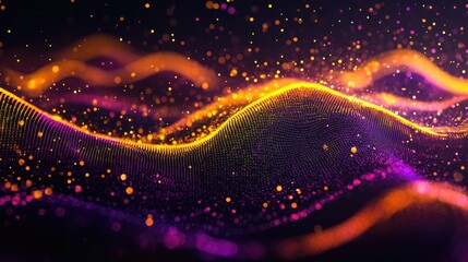 Futuristic 3D Rendering Of Abstract Holographic Yellow And Purple Mesh Waves As A Modern Cyber Background With Blurred Effects And Glowing Lines