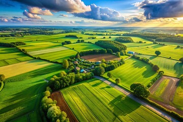 Obraz premium Verdant tapestry of fields and trees, captured in intricate aerial splendor.