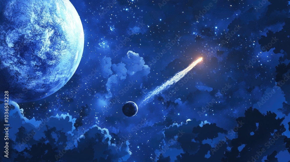 Poster abstract scientific background featuring a comet approaching a planet in a 3d cartoon rendering