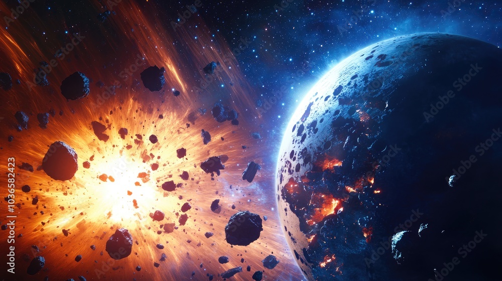 Poster fantasy 3d rendering of a shattered planet in deep space featuring asteroids and solar flares showca