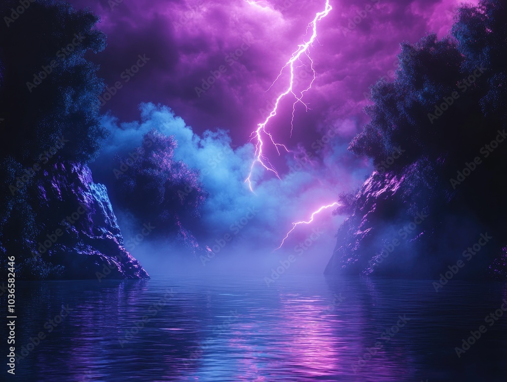 Poster dramatic empty nature backdrop featuring a thunderstorm dark night scenery and striking lightning ne