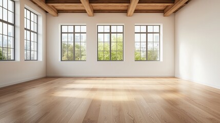 Obraz premium Spacious room with large windows, wooden floor, and natural light illuminating the interior.