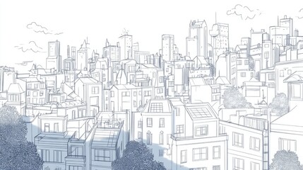 Line art illustration depicting a cityscape in a single continuous drawing on a white background