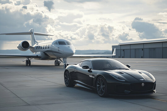 Business private jet airplane parked at terminal and Luxury car, tourism and business travel transportation concept. VIP