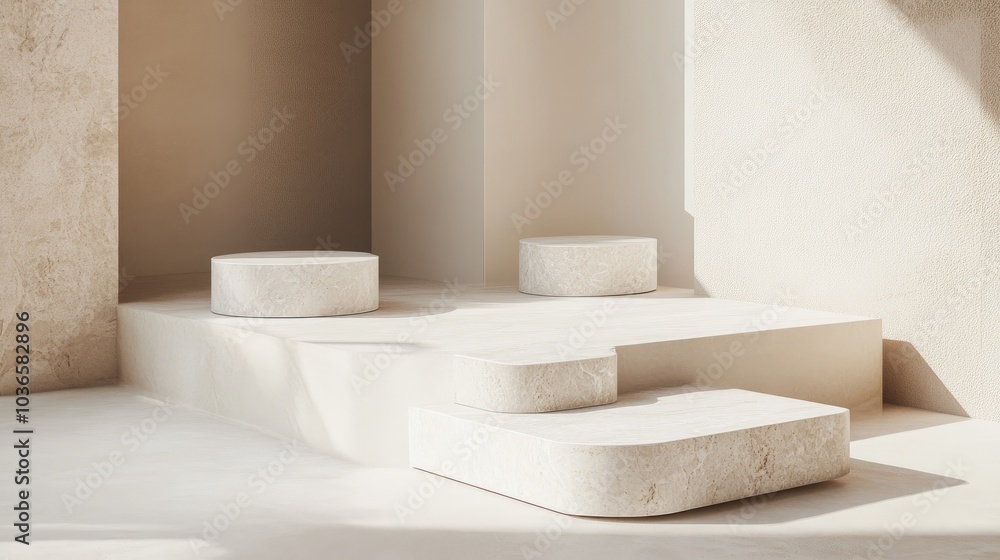 Poster empty white marble pedestal on a soft beige background minimalist boxes and geometric shapes create 