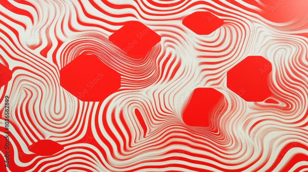 Poster red and white patterned piece of paper featuring a bold abstract design with a large hexagonal shape