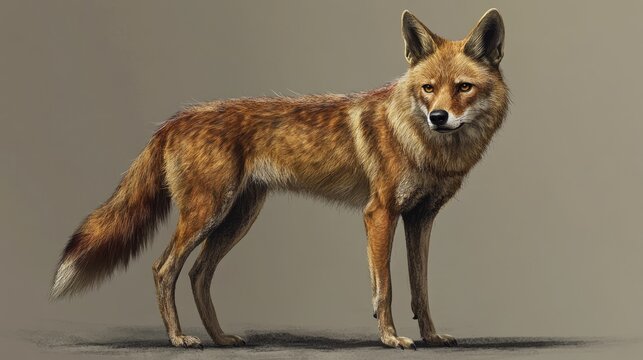 Golden jackals are medium sized canids featuring a tawny coat that ranges from golden to yellowish brown often interspersed with darker fur along with a pointed snout erect ears and bushy tail
