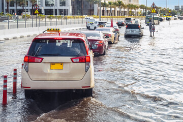 Dubai. Heavy Rain and Flooded Street in UAE. horizontal